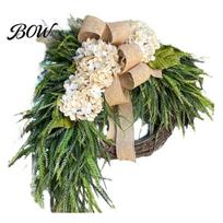 Party Decoration Wreath Rustic Hydrangea with Burlap Bow Farmhouse Wall Door Hanging Decor Festive Greenery for Home Garden Wedding Artificial Floral E