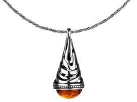 Short Silver Filigree Oxidized Necklace With Amber Drop Choker 32Cm