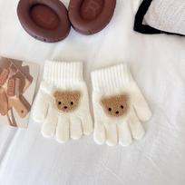 Full Finger Design Warm Gloves Knitted Material Cartoon Bear Gloves Warm Knitted Mittens  For Girls balta