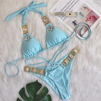 2026 Sexy Crystal Diamond Bandage Bikini - Two-Piece Solid Color Swimwear Large šviesiai mėlyna spalva