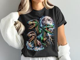 Vibrant Raptor T-Shirt, Three Dynamic Dinosaurs, Moonlit Lightning Sky, Prehistoric Beast Tee, Jurassic Fan Apparel, Unique Dino Art S
