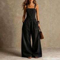 Women Wide Leg Denim Overalls Baggy Bib Jumpsuit Adjustable Straps Casual Loose Fit Pocket Long Pants S juoda