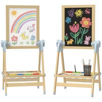 Wooden Kids' Easel, Double-Sided Whiteboard and Chalkboard, Height-Adjustable Standing Board with Paper Roll, Shelf, Natural 48.5 x 46.5 x 97 cm