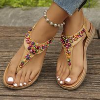 Lucyever Summer Clip Toe Bohemia Sandals Women Fashion String Bead Flat Heels Sandles Woman Non Slip Sole Beach Flip Flops Mujer 36 ruda