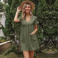 Summer loose skirt short sleeve button pleated cotton and linen dress women S žalia