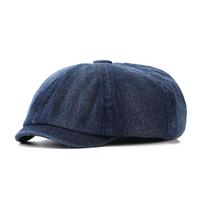 British Style Denim Octagonal Beret for Men and Women - Retro Flat Cap M (56-58cm) tamsiai mėlyna spalva