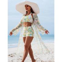 Women's Baroque Print Halter Bikini Three-Piece Swimsuit with Kimono Cover-Up S
