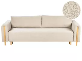 Trivietė išskleidžiama sofa KVAM, „Boucle“ audinys, šviesiai smėlinė spalva su patalynės dėže