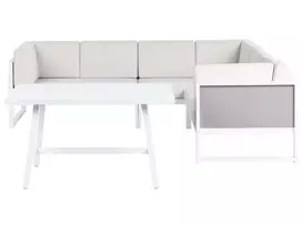 Sodo kampinė sofa su stalu 6 asmenims CASTELLA/FRATTE kairinė, kreminė balta, metalinė