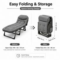 Aflyever Folding Nap Bed Outdoor camping bunk with 5-Position Adjustable Backrest, 190cm Long Design, Thick Padded Cushion, 150kg Weight Capacity