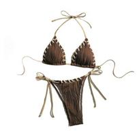 2Pcs/Set Women Bikini Set Sexy Pleated Patchwork Color Halter Bra High Waist Swimming S tamsiai ruda spalva