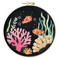Marine Animal DIY Stamped Embroidery Stitches Practice Kit with Embroidery Hoop Hand Sewing Kit 30x30cm for Beginners Adults