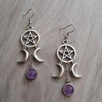New Pentagram Triple Moon Purple Stone Earrings Natural Stone Earrings