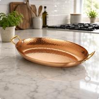 Hammered Stainless Steel Serving Pan Loop Handles Raised Rims Rose Xl