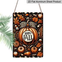 22D Flat Happy Fall Buffalo Plaid Bow Pumpkin Maple Leaf Black Background Metal Sign - 8.0x12.0inch Aluminum Wall Art, Vintage Autumn Acorn Farmhouse 20*30cm