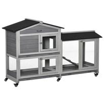 Wooden Rabbit Hutch, Guinea Pig Cage, with Wheels, Run, Slide-Out Tray, Ramp 157.4 x 53 x 99.5 cm pilka