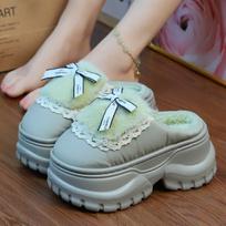 Super thick heeled slippers women's waterproof mules clogs woman bow tied furry slippers ladies chunky platform fur slides shoe 36-37