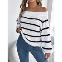 Autumn and Winter Off-the-shoulder Striped Pullover Sweater 2025 Casual Loose Long Sleeve Knitted Tops Female Fashion Sweet Elegant Women's Clothing S