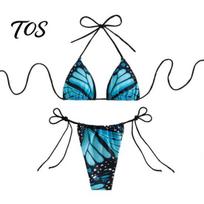 Adjustable Swimwear Women Butterfly Print Bikini Set, Halter Tie Top & Side Thong, Sexy Triangle Swimsuit Two Piece Swimsuit, Beach Bathing S mėlyna