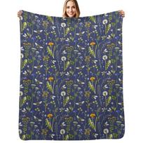 Bees and wildflowers / Dark blue Throw Blanket Lightweight Warm Blanket for Indoor Outdoor Use Size: 75*100cm, Weight: 230 GSM