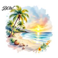 Boho Style Wall Decal Sunset Palm Tree Seaside Decal, Watercolor Summer Beach Landscape Sticker, Tropical Decor Coconut Art for Kids Bedroom A