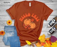 Hello Fall Pumpkin T-Shirt | Women's Autumn Graphic Tee L