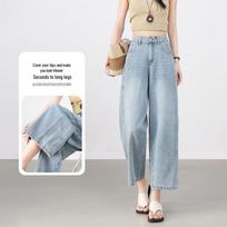 Women's Cropped Balloon Wide-Leg Denim Jeans XL šviesiai mėlyna spalva