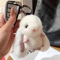 Furry Doll Bunny Stuffed Keyring Pompom Plush Bunny Pendant Rabbit Fur Keychain  Women Girls balta