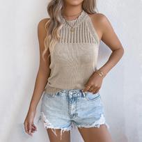 Ruffle Hem Tube Top for Women - Sleeveless Fitted Fashion Top L smėlis
