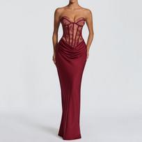 European and American retro tube top dress lace mesh fishbone bra pendant party dinner fishtail dress XS raudona