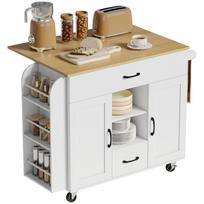 Rolling Kitchen Island, Fold-Out Worktop, Soft-Close Cabinet Doors, Drawers, Towel Holder, MDF, White 115 x 70 x 89 cm balta