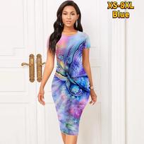 Slim Short Sleeve Knee-length Dress Fashion Women Midi 3D Butterfly Print Dress XS mėlyna