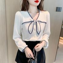 Spring and Autumn Women's Shirt Long Sleeve Backing Chiffon Shirt Versatile Western-style Women's Bow Top S balta