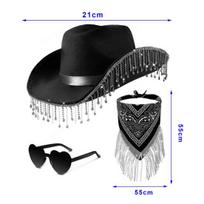 3Pcs/Set Shining Rhinestone Tassel Cowgirl Cowboy Jazz Hat Heart Shape Sunglasses Bandanas balta