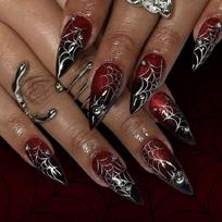 24Pcs Almond French Tips Fake Nail Acrylic Nail with Spiders Designs Stick on Nail for Women Halloween Press on Nail 1