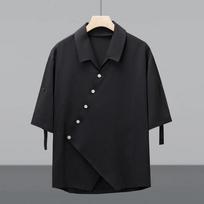 Men's Asymmetric Button Detail Roll Up Sleeve Camp Collar Shirt Casual Streetwear Top S juoda