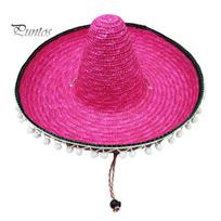 Sun Protection Hat Mexican Sombrero with Colorful Poms, Hawaiian Style Woven Straw Hat, Wide Brim Lightweight All Season Party Costume for Summer rožinė raudona spalva