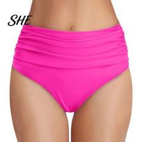 Retro Style Bikini Bottom High Waisted Bottoms for Women, Tummy Control Swimming Women Swim Trunks, Flexible Fit Ruched Detailing Beach Shorts S rožinė raudona spalva