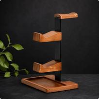 Headset Stand with Gaming Controller Holder Wood and Metal Headphone Tray Two Shelves brown
