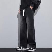 Baggy Jeans Men's Blue Black Streetwear Elastic Waist Y2K Trousers Fashion Straight Leisure Wide Denim Pants M juoda