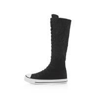 Autumn new lace tall canvas shoes long tube casual shoes front lace-up side zipper women's shoes student shoes tide size 34 flat heel
