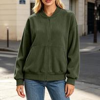 Women's Color Round Neck Long Sleeve Zip Pocket Jacket Loose Fit Casual L armijos žalia spalva