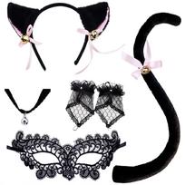 Women's Sexy Girl Halloween Costume Set with Headband, Choker, Eye and Tail One Size juoda
