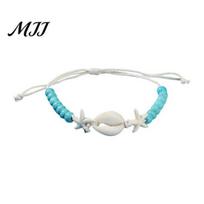 Youthful Look Bracelet Adjustable Drawstring Bracelet, Natural Shells Starfish Elements Women Tropical Vacation Accessory Beach Style Woven C