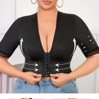 Women Front Closure Lace Trim 3 4 Sleeve Push Up Shaping Sports Yoga Top 0XL juoda