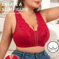 Front Buckle Side Collection Gathered Wireless Plus Size Women Sexy Lace Bra 0XL raudona