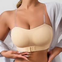 Women Seamless Wireless Front Closure Push Up Invisible Detachable Straps Bra S abrikosas