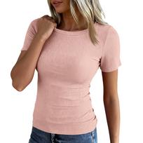Ladies Slim Bottom T-shirt Fashion Casual Colour Round Neck Pullover Short Sleeve Top L smėlis