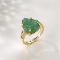 18K Gold Plated Laughing Buddha Ring Green Jade Cubic Zirconia Gemstone Open Cuff Adjustable Lucky Amulet Jewelry For Women Men žalia