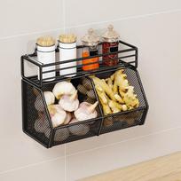 Wall Mounted Kitchen Storage Basket Punch-Free Grid Spice Storage Shelf Carbon Steel Vegetable Drainage Basket